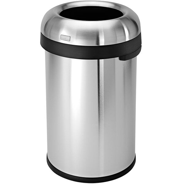 A brushed stainless steel simplehuman round trash can with a black lid.