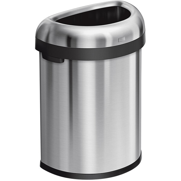 A brushed stainless steel simplehuman semi-round open top trash can with a black lid.