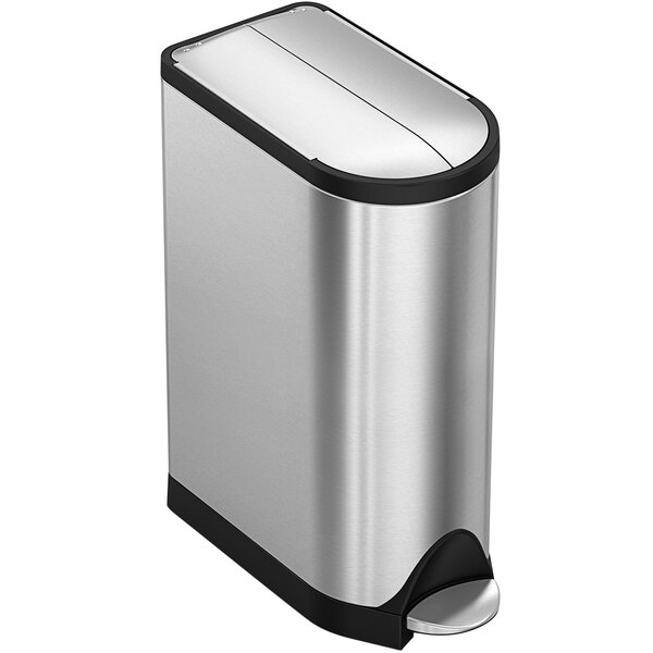 A simplehuman stainless steel rectangular trash can with a black lid.
