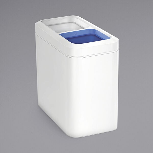 A white rectangular simplehuman trash can with a blue lid.