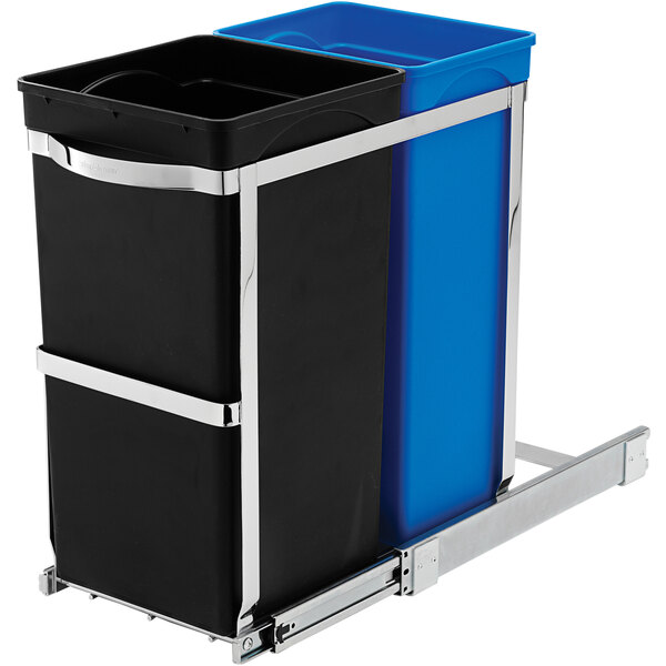A black rectangular trash can with blue handles and a blue lid.