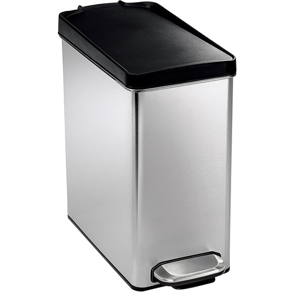 A simplehuman stainless steel rectangular end step-on trash can with a black lid.