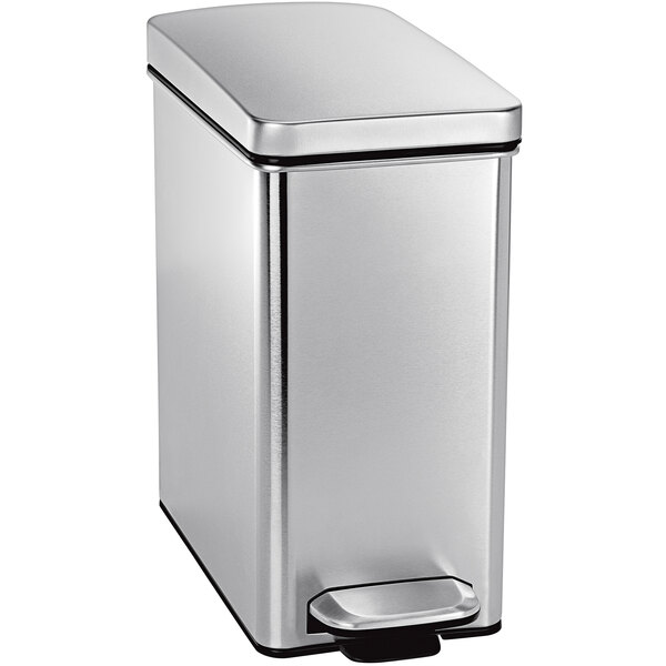 A simplehuman stainless steel rectangular step-on trash can with a black lid.
