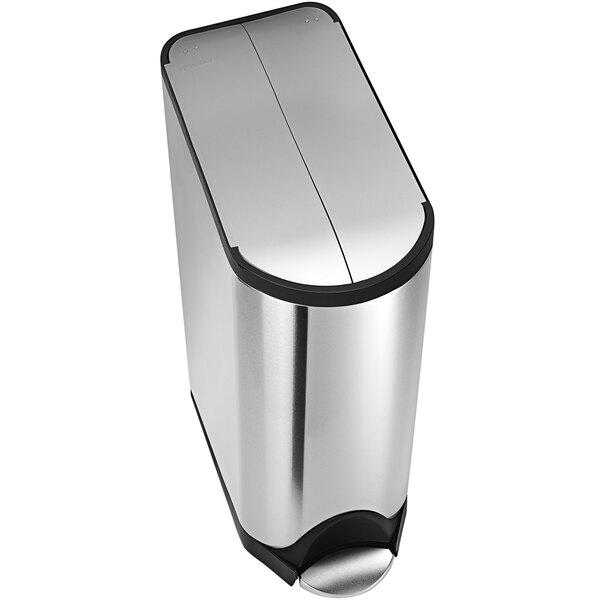 A simplehuman stainless steel rectangular butterfly step-on trash can with a lid.