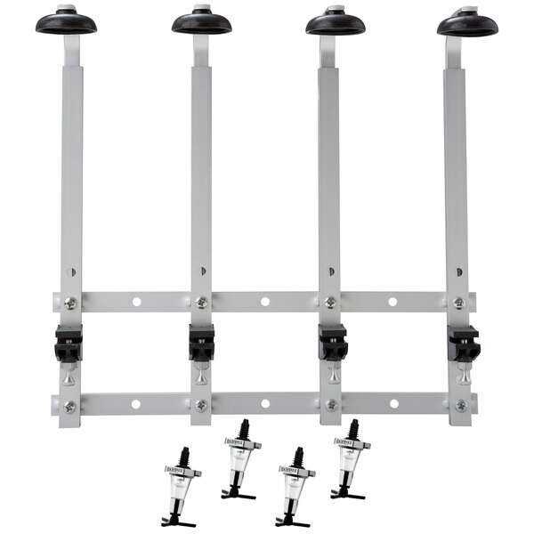 A white wall mounted rack with 4 metal brackets for Precision Pours liquor pourers with black caps.