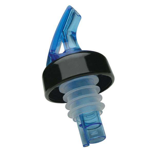 A Precision Pours Ocean Blue and Black Free Flow Liquor Pourer with a blue collar.