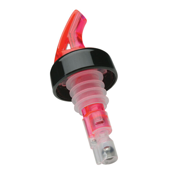 A Precision Pours red and black bottle stopper with a red collar.
