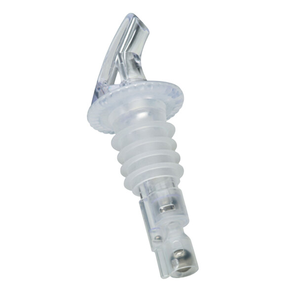 A clear plastic bottle stopper with a metal cap.