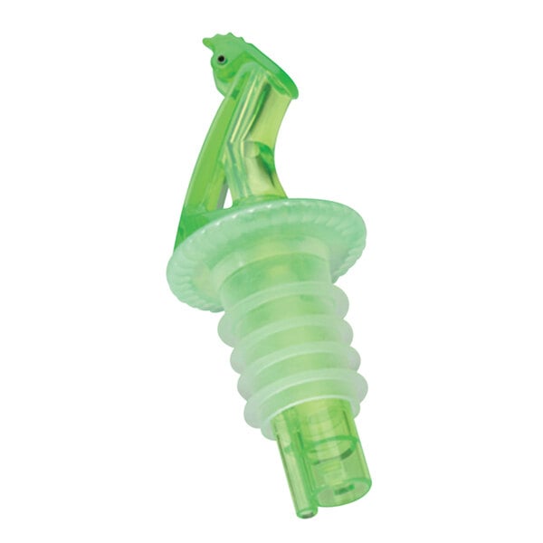 A close-up of a green Precision Pours liquor pourer with a green Fliptop handle.