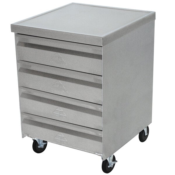A grey metal Advance Tabco mobile drawer cabinet with four drawers on wheels.