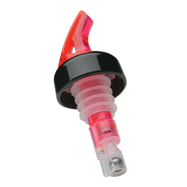 A close-up of a Precision Pours red and black bottle stopper.