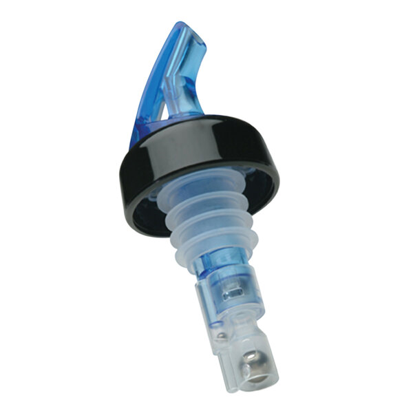 A blue and clear plastic bottle stopper with a black collar.