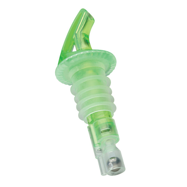 A Precision Pours shamrock green liquor pourer with a green tube and cap.