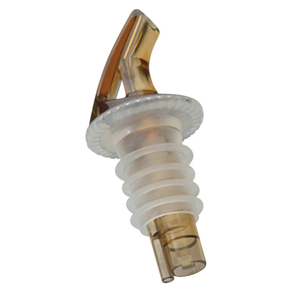 A Precision Pours rum amber plastic bottle stopper with a clear plastic cap.