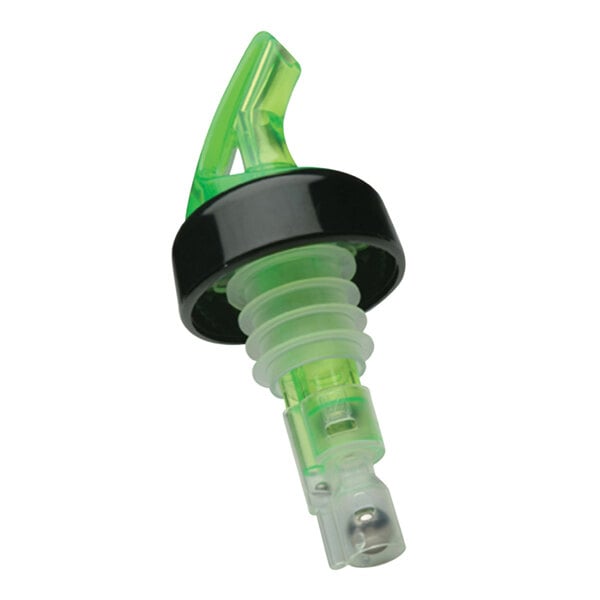 A green Precision Pours bottle stopper with a black collar.