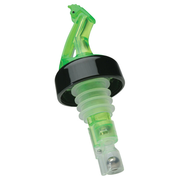 A close-up of a green and black Precision Pours fliptop liquor pourer.