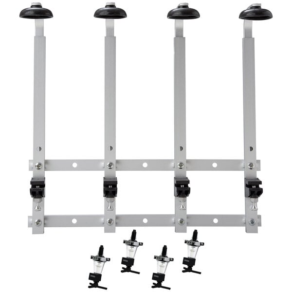 A white Precision Pours wall mount rack system with four metal brackets with black caps.