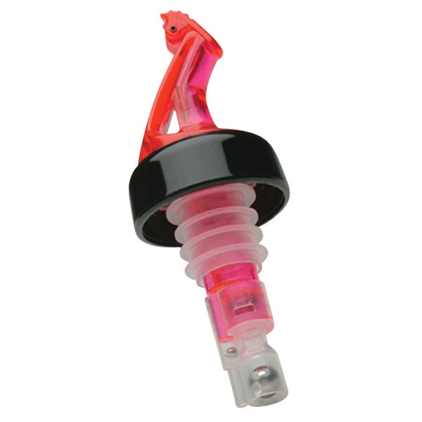 A Precision Pours watermelon red and black liquor pourer with a fliptop and collar.