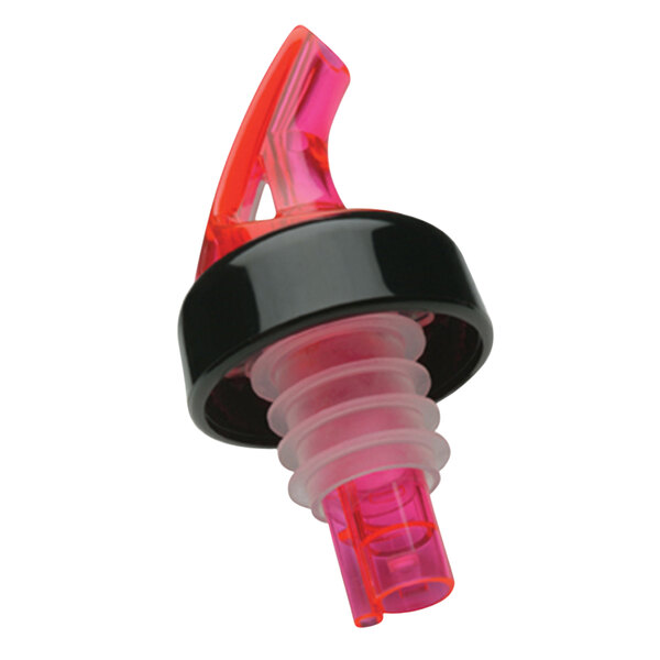 A close-up of a Precision Pours red and black free flow liquor pourer with collar.