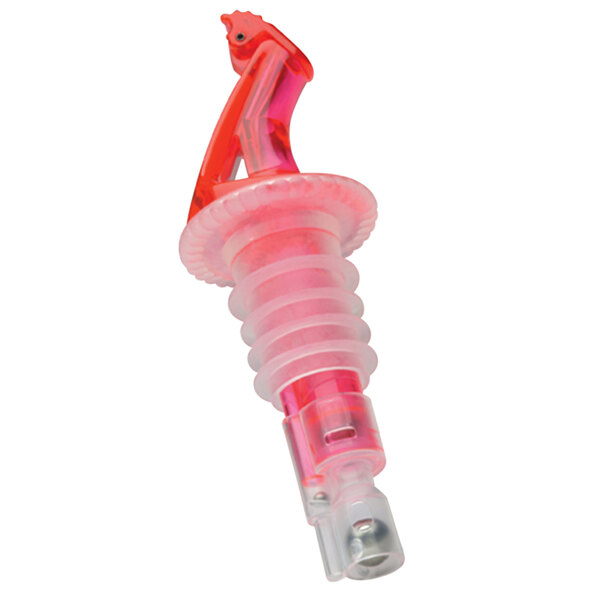 A close-up of a Precision Pours watermelon red liquor pourer with a pink and clear plastic fliptop.