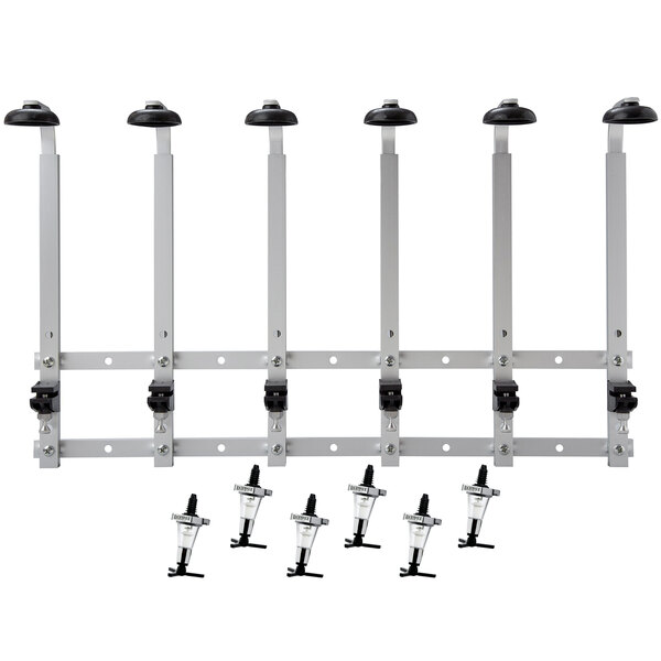 A white wall mount with metal brackets for six Precision Pours liquor pourers with black caps.