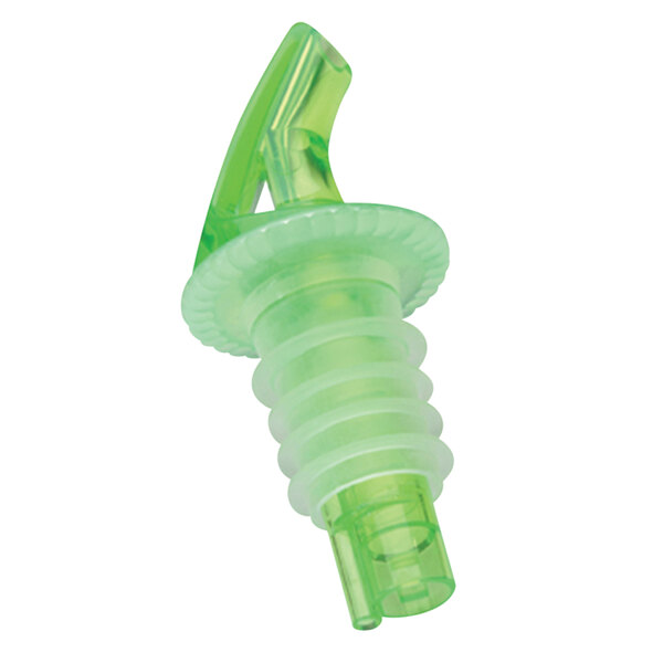 A Precision Pours shamrock green liquor pourer with a green plastic tube.