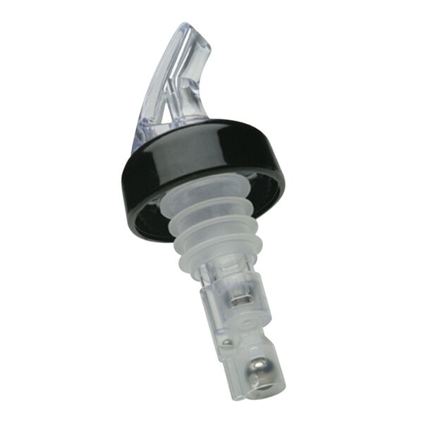 A clear plastic Precision Pours liquor pourer with a black collar on a white background.