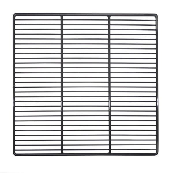 A powder-coated gray metal grid shelf with thin black lines.