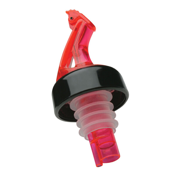 A close-up of a red and black Precision Pours liquor pourer with collar and fliptop.