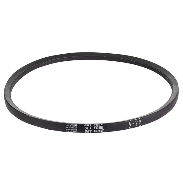A black circular drive belt with white text.