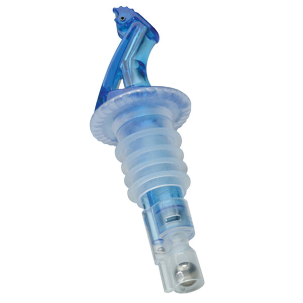 A close-up of a blue and clear plastic Precision Pours liquor pourer with a blue fliptop.