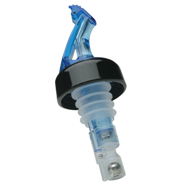 A blue and clear Precision Pours liquor bottle spout with a black collar and blue fliptop.