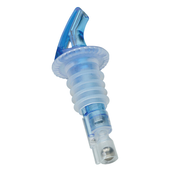 A close-up of a Precision Pours Ocean Blue Measured Liquor Pourer with a blue and white plastic tube.