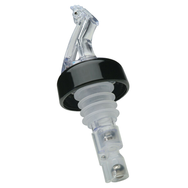 A close-up of a Precision Pours clear plastic bottle stopper with a black fliptop.