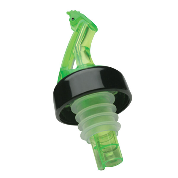 A Precision Pours Shamrock Green liquor pourer with a green and black cap.