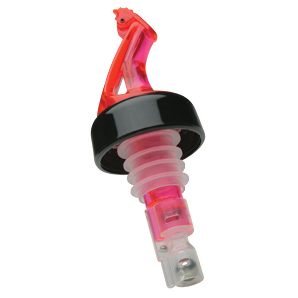 A Precision Pours red and black liquor pourer with a clear and pink device.