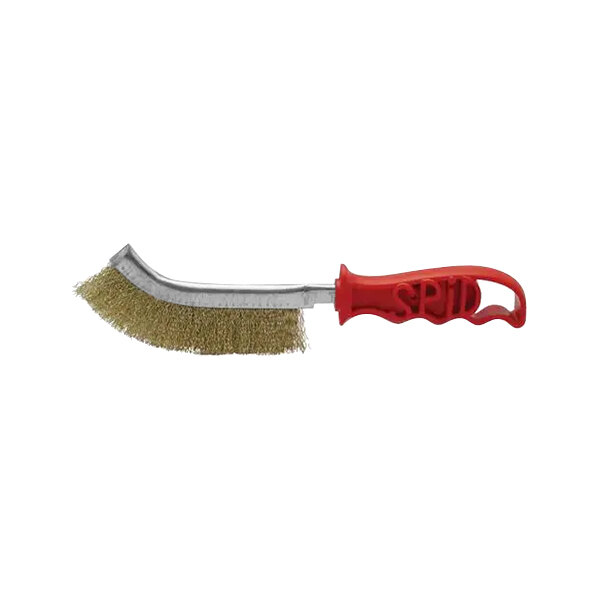 A Eurodib panini grill brush with a red handle and brass bristles.