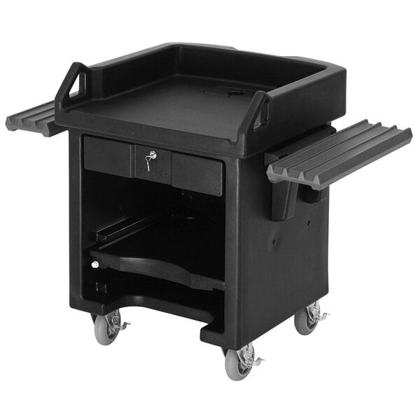 A black Cambro Versa cart with heavy duty casters and dual tray rails.