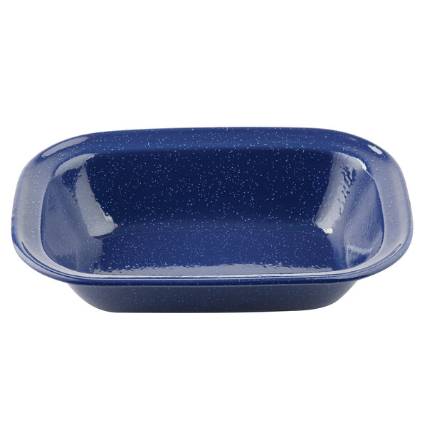 A blue speckled rectangular Tablecraft enamelware pan.