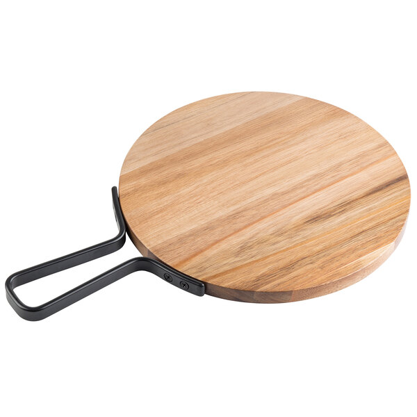 A round wooden serving board with a handle.