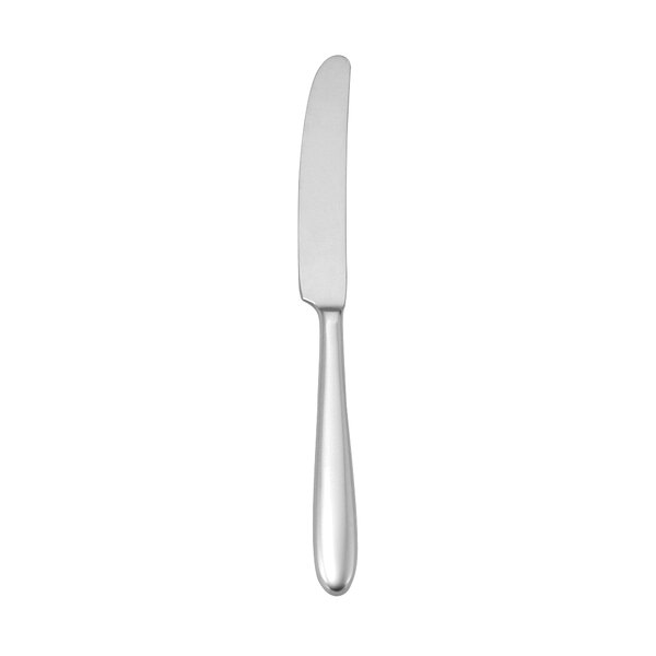 An Oneida Mascagni stainless steel dessert knife with a white handle.
