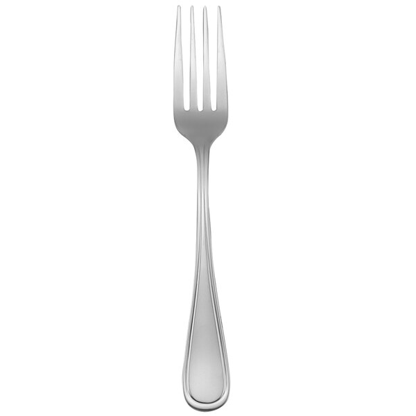 A stainless steel Oneida European table fork with a white background.