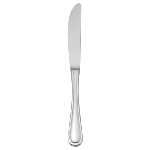 A silver Oneida New Rim stainless steel butter knife.