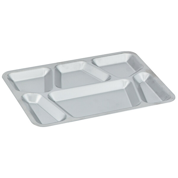 A white Vollrath stainless steel tray with six compartments.