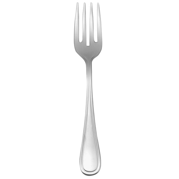 A silver Oneida New Rim stainless steel salad/pastry fork with a white background.