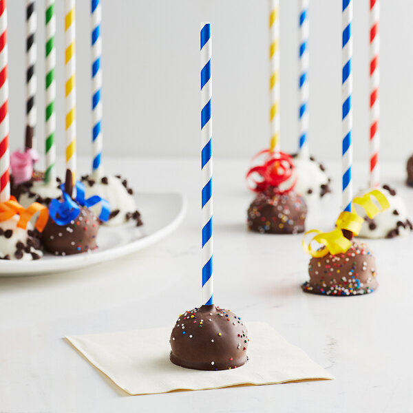 EcoChoice Blue Stripe Paper Cake Pop Sticks in chocolate covered cake pops.