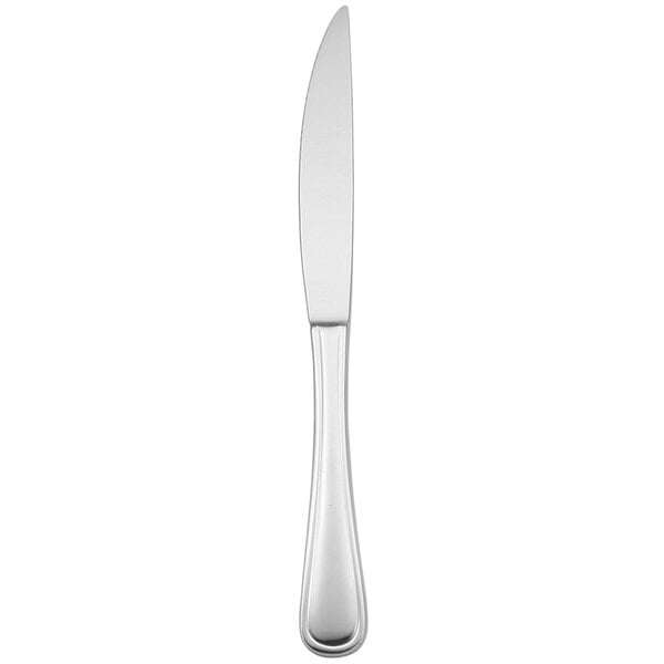 An Oneida New Rim stainless steel steak knife with a black handle.