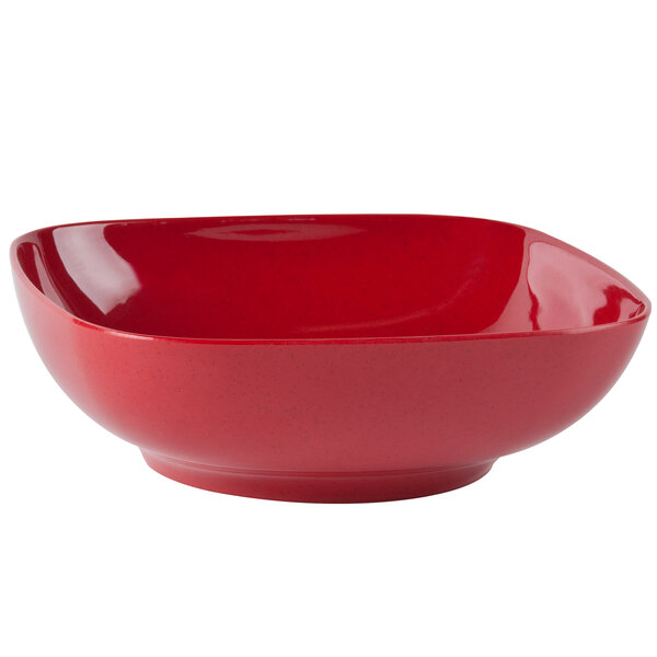 A red Thunder Group square melamine bowl with round edges.