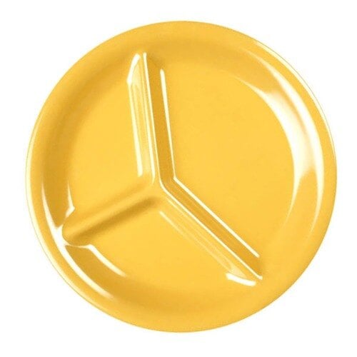 A yellow Thunder Group 3-compartment melamine plate.