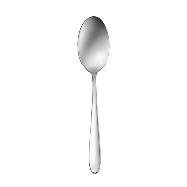 A Oneida Mascagni stainless steel serving spoon with a white handle.